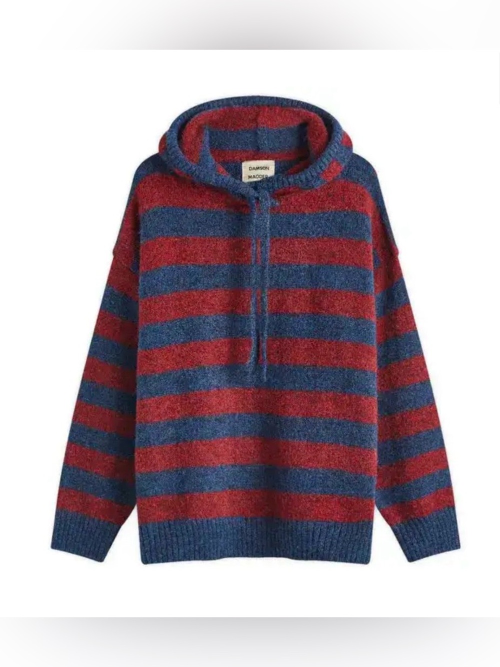 Damson Madder Riley Knit Hoodie Sweater, Red and Navy Rugby Stripe, Size UK 12